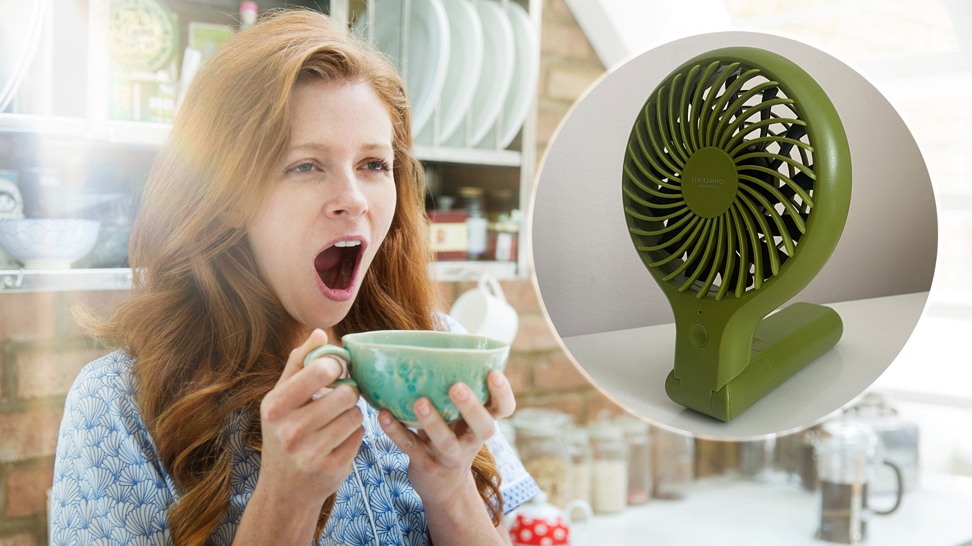 The main image shows a woman holding a coffee cup in the sunshine and yawning widely. To the right is an inset image of a portable fan on a nightstand