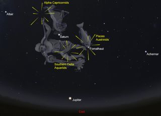 The radiants for the meteor showers will be high in the eastern sky, around 11pm local time. The planets Jupiter and Saturn, as well as the bright stars Fomalhaut, Altair (to the north-east) and Achernar (to the south-east) will be visible, weather permitting.