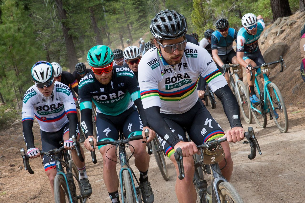 Peter Sagan leads a group on a dirt climb during the Sagan Fondo