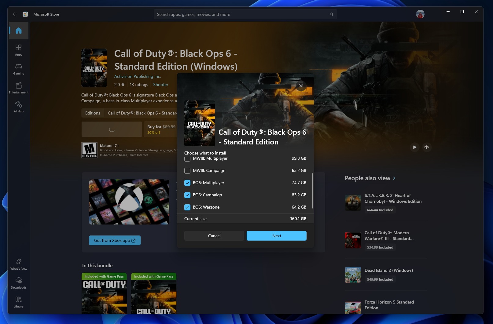 The Microsoft Store showing an option to install individual components for some games.