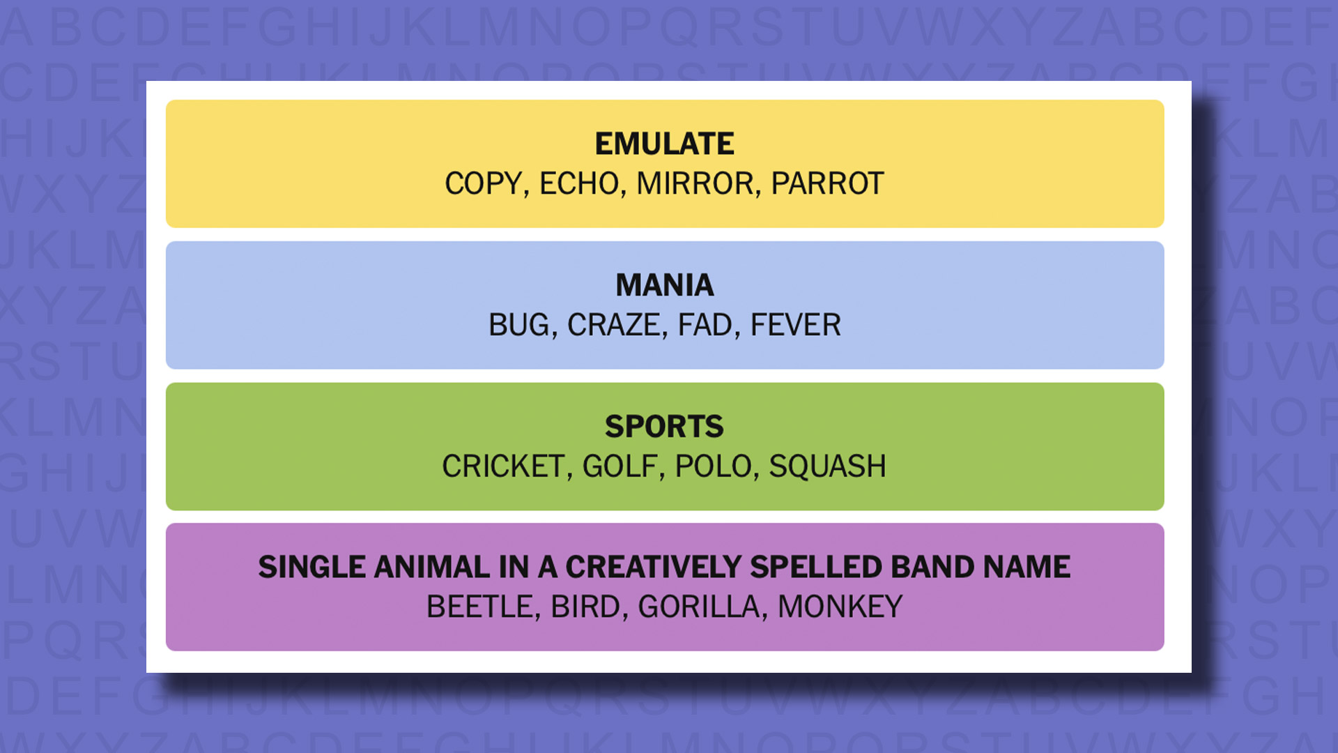 NYT Connections answers for game 784 on a purple background