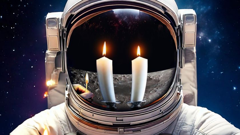 A poster for the documentary "Fiddler on the Moon" where an astronaut wearing a full suit looks at the camera and two candles are reflected in their face shield. 