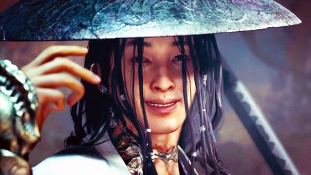 Onimusha: Way of the Sword's villain, Sasaki Ganryu, grinning at the viewer while preparing to have a sword fight.