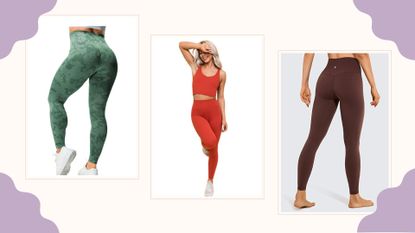 Three of the best leggings on Amazon on a collage background