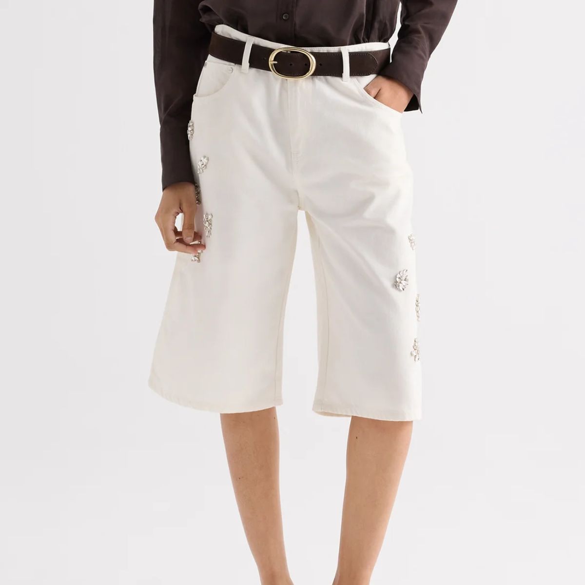 TWP Clothing, Boxy Relaxed Shorts With Crystal Clusters in Denim