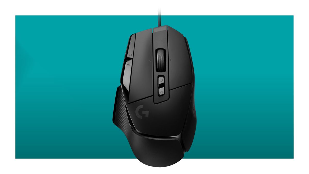 The Logitech G502 X wired gaming mouse on a teal deals background.