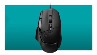 The Logitech G502 X wired gaming mouse on a teal deals background.