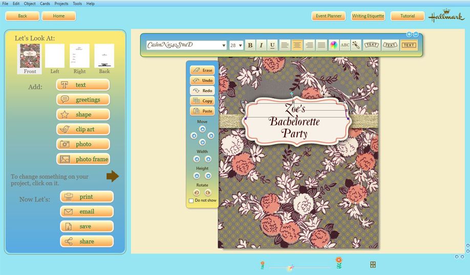 Floating toolbars make editing in Hallmark Card Studio Deluxe easy.