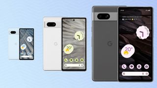 The three rumored Google Pixel 7a colors (L-R: Arctic Blue, Cotton White and Carbon Gray), as shown in leaked renders