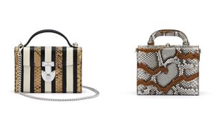 Left, a handbag with white, black and gold patterned vertical stripes on it, a black handle and a silver chain. Right, a handbag with a white, black and brown alligator skin pattern on it.