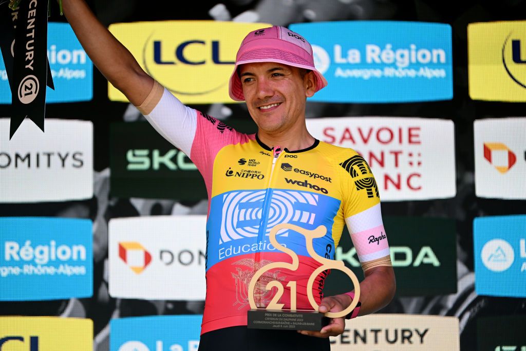 SALINSLESBAINS JUNE 08 Richard Carapaz of Ecuador and Team EF EducationEasyPost celebrates at podium as most combative rider trophy winner during the 75th Criterium du Dauphine 2023 Stage 5 a 1911km stage from CormoranchesurSane to SalinslesBains UCIWT on June 08 2023 in SalinslesBains France Photo by Dario BelingheriGetty Images