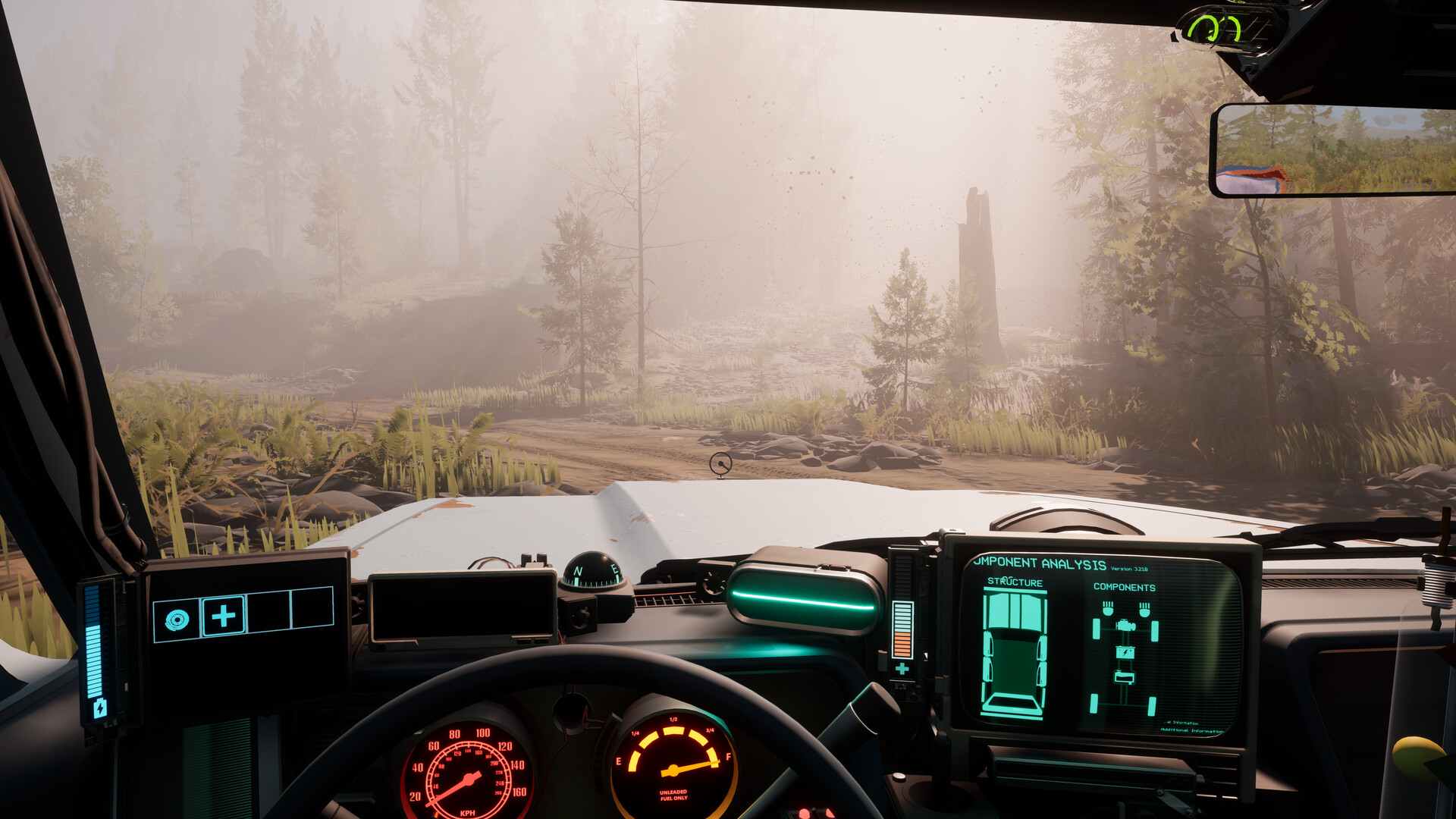 A screenshot from Pacific Drive showing a view from inside the car. a sword