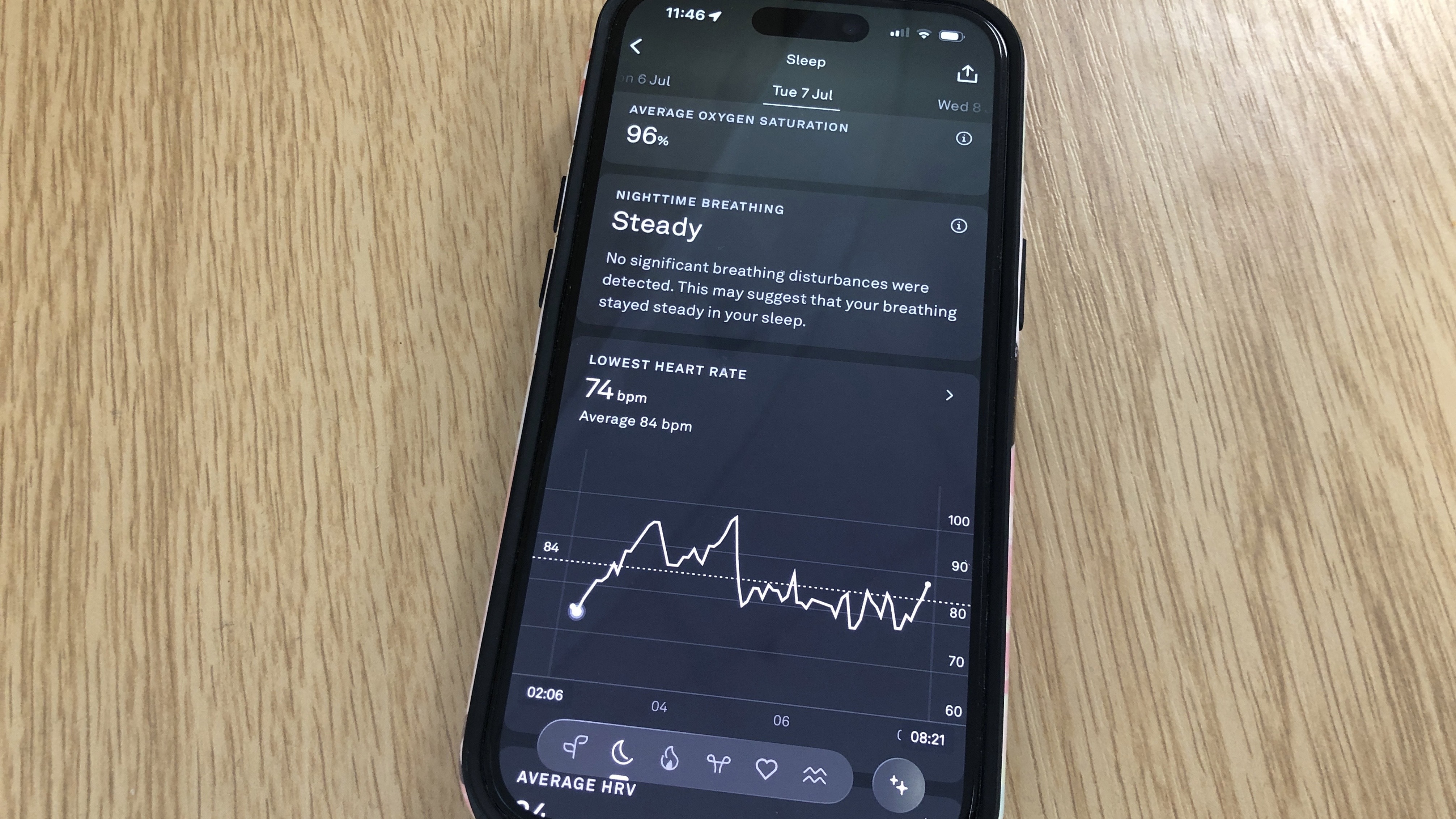 The Oura Ring 5 displaying my sleep metrics, including my heart rate.
