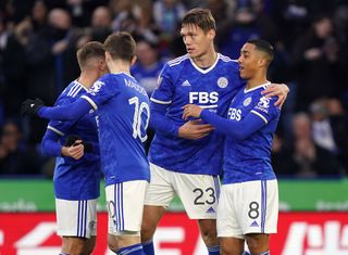 Leicester City’s Youri Tielemans (right) celebrates scoring the opening goal of the game during the Emirates FA Cup third round match at the King Power Stadium, Leicester. Picture date: Saturday January 8, 2022