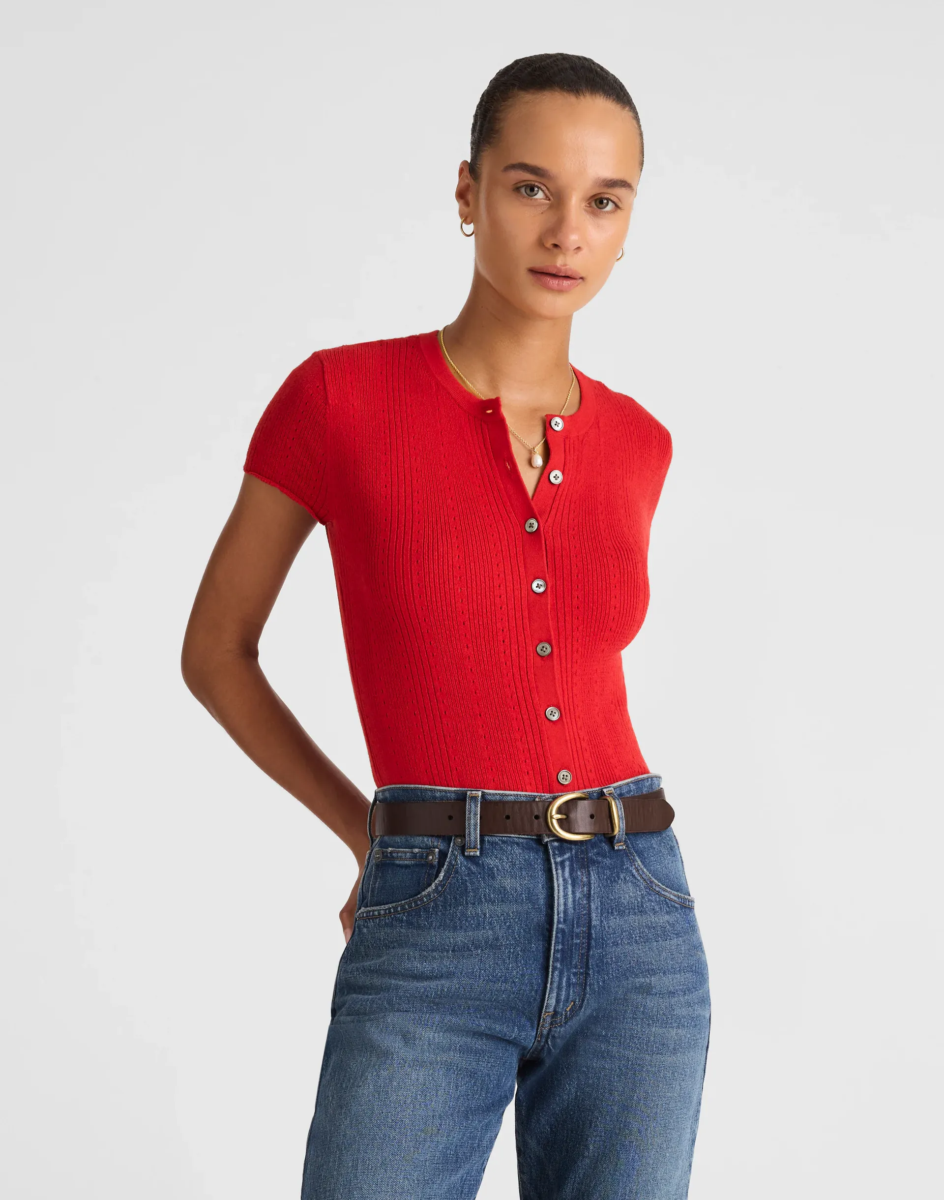 Cotton-Blend Pointelle Short-Sleeve Cardigan