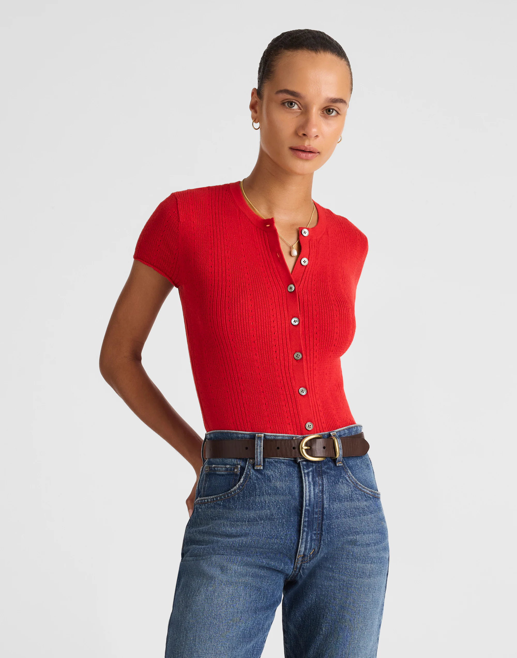 Cotton-Blend Pointelle Short-Sleeve Cardigan