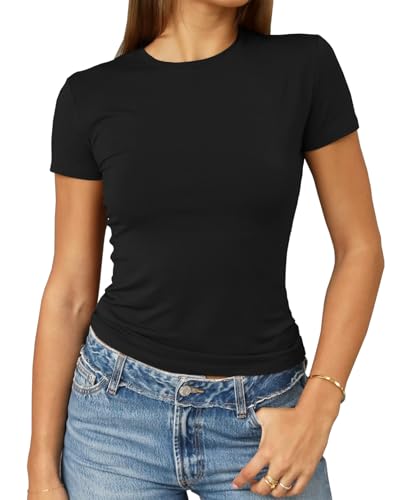 Abardsion Women&#039;s Casual Basic Going Out Crop Tops Slim Fit Short Sleeve Crew Neck Tight T Shirts 2025 (black, S)