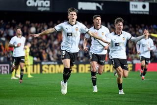 VALENCIA, SPAIN - JANUARY 02: Pepelu of Valencia CF celebrates after scoring their third side goal during the LaLiga EA Sports match between Valencia CF and Villarreal CF at Estadio Mestalla on January 02, 2024 in Valencia, Spain. (Photo by Aitor Alcalde/Getty Images)