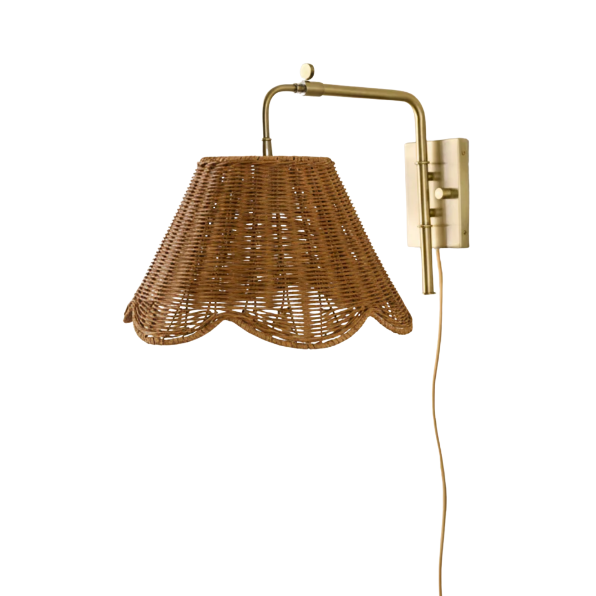 a plug in sconce with a rattan shade