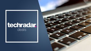 TechRadar deals logo in a square on a blue background next to a close up of a laptop keyboard and screen