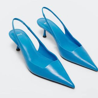blue leather slingback kitten heel shoes