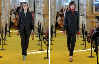 Two images, Left- Female model wearing a dark suit from Gucci collection, Right- Male model wearing dark suit from Gucci collection