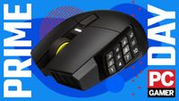 A Corsair Scimitar Elite Wireless SE MMO gaming mouse on a blue and red Prime Day deals background