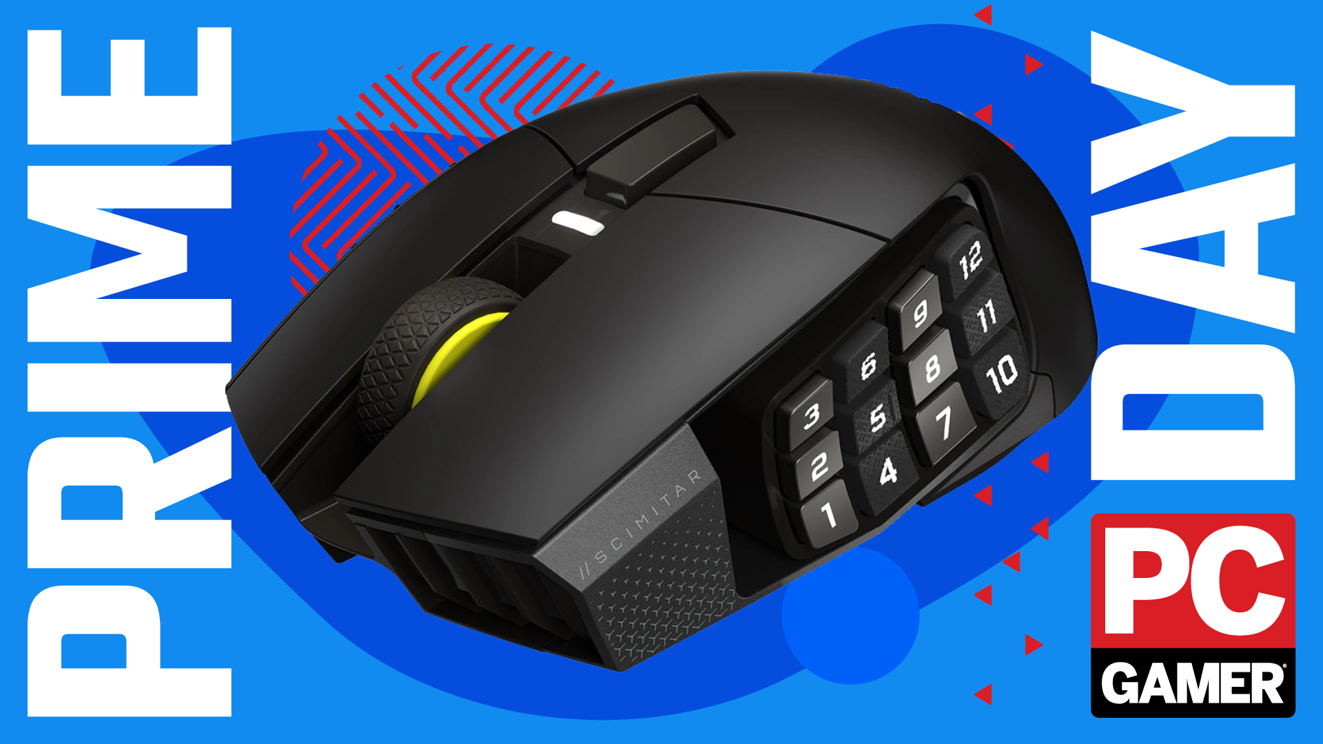 A Corsair Scimitar Elite Wireless SE MMO gaming mouse on a blue and red Prime Day deals background