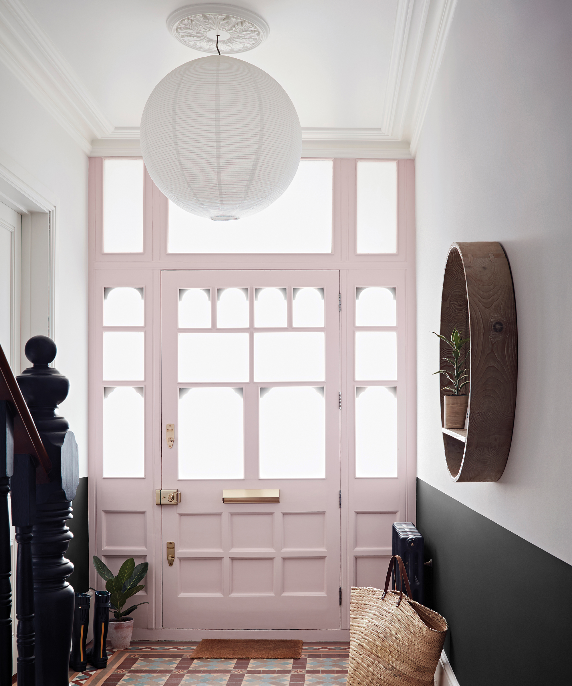 Hallway ideas by using pink door decor in shade Creme de la Rose, Matt Emulsion, from £14 for 2.5L and Rebel, Feature Wall Paint, from £14.50 for 1.25L
