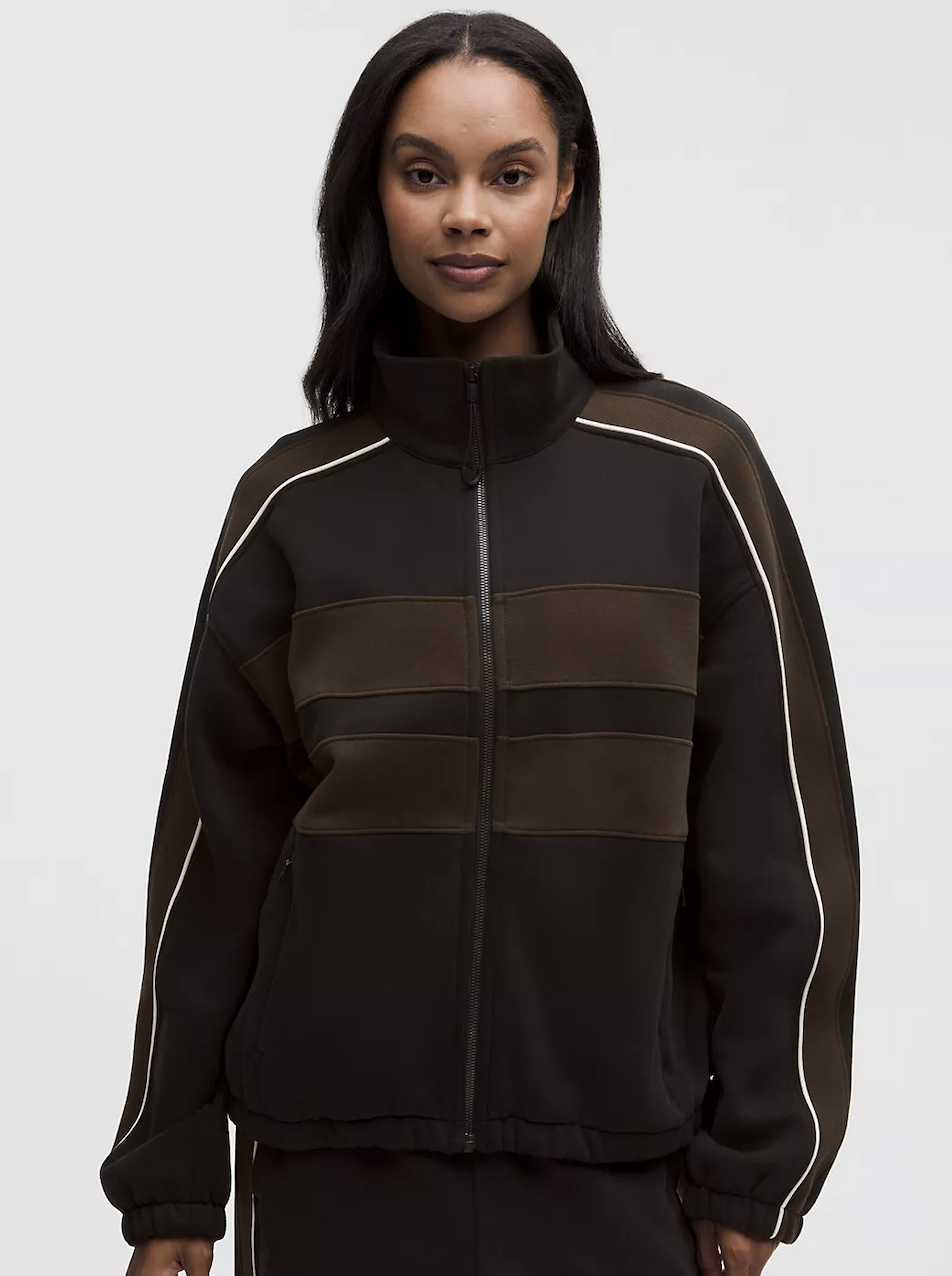 Adidas, Women's Steady State Oversized Funnel Full Zip *stripe - Black/walnut Crunch/light Ivory - L