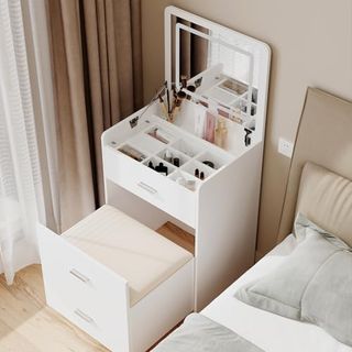 Clicliet Small Vanity With Mirror and Lights, 3 in 1 Vanity Desk With Plip Top and Visible Glass Desktop, Compact Makeup Vanity With 2 Drawers & 1 Cushioned Storage Vanity Chair, for Bedroom