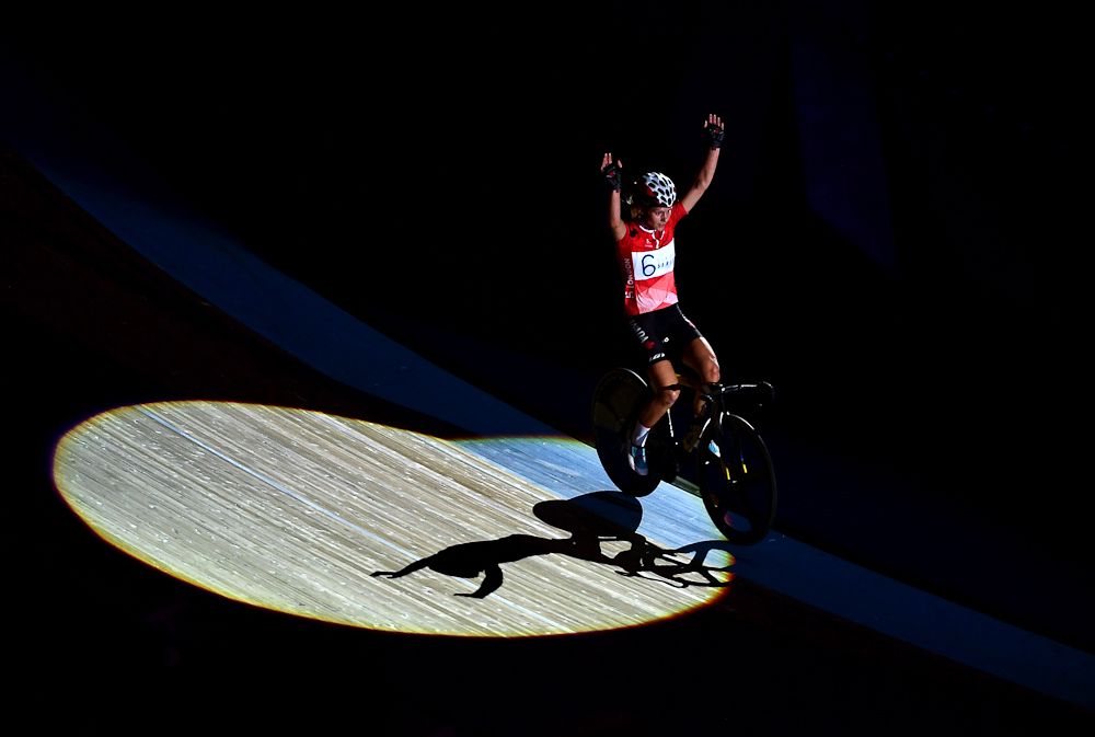 Jasmin Duehring of Canada celebrates after winning the Womens 10km Scratch Race on day four of the London Six Day