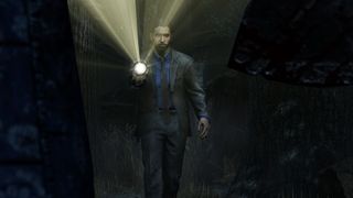 Alan Wake in Dead by Dayliglht - Alan Wake holding a flashlight as he looks at a killer with an axe