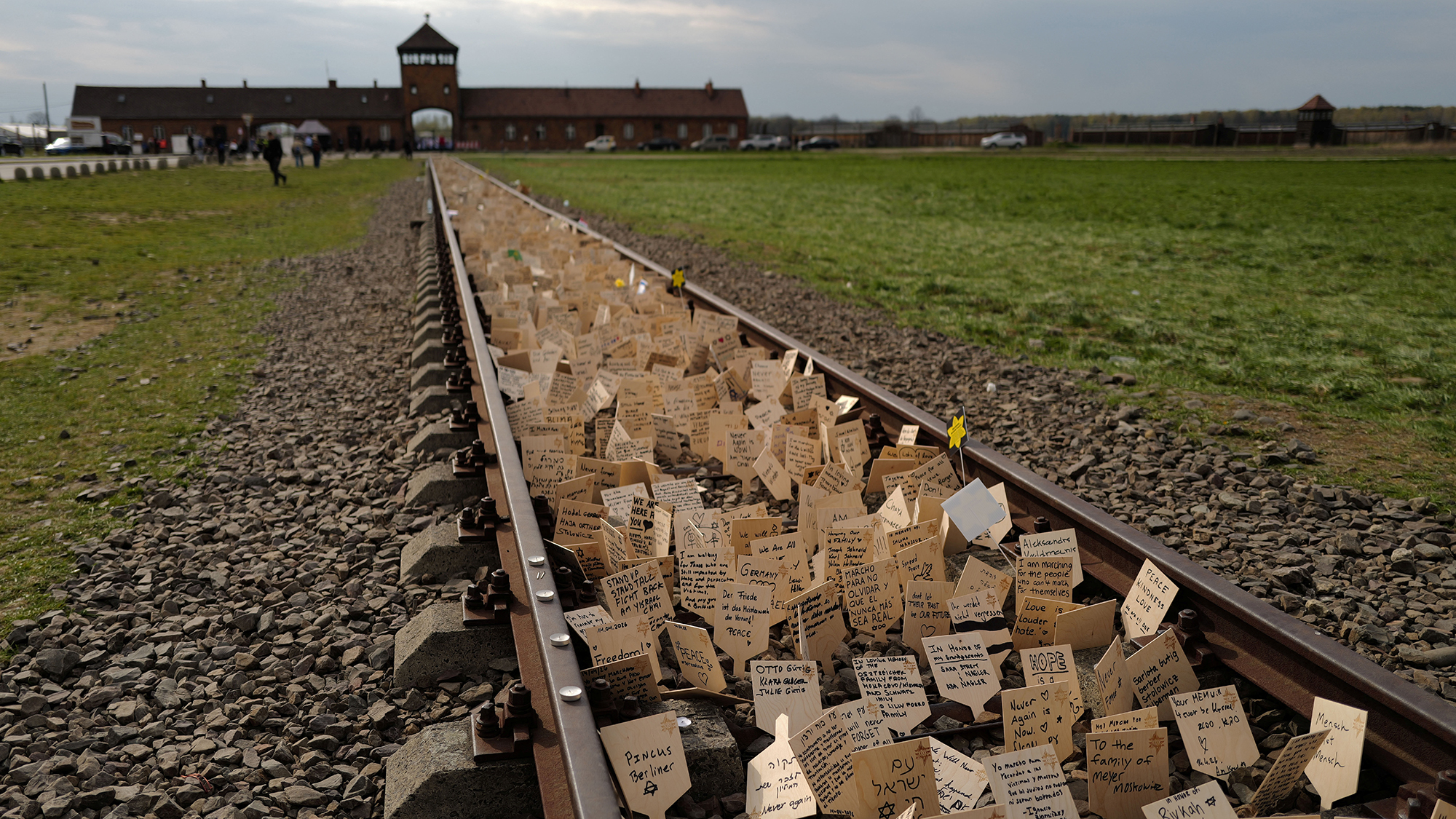 Memorial cards are seen during the annual "March of the Living" at Auschwitz II-Birkenau concentration camp, paying tribute to the millions of Jews murdered during World War II, in Brzezinka, Poland