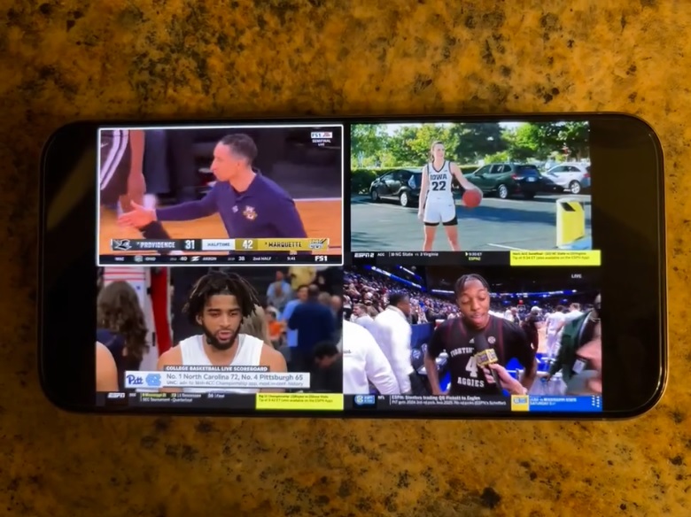 A snapshot showing YouTube TV's multiview looks on mobile (iPhone).