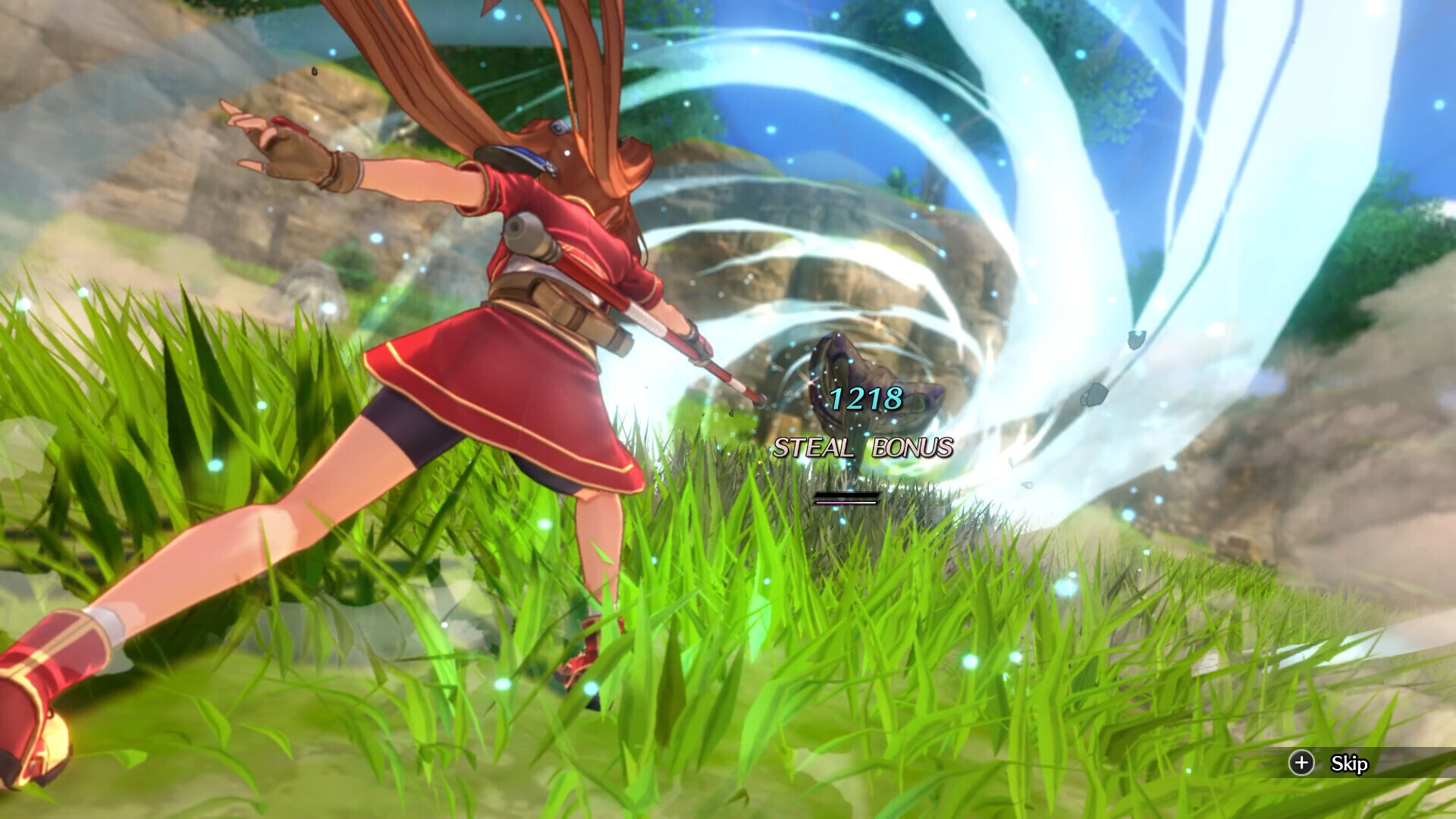 Estelle attacking an enemy with the action shot taking place from behind in Trails in the Sky 1st Chapter.