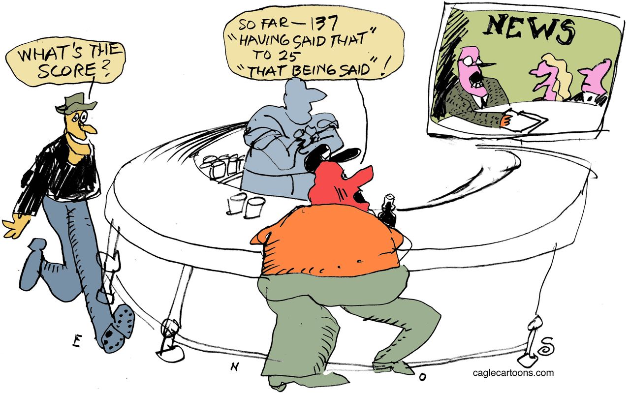 Political cartoon U.S. Media news cycle fatigue