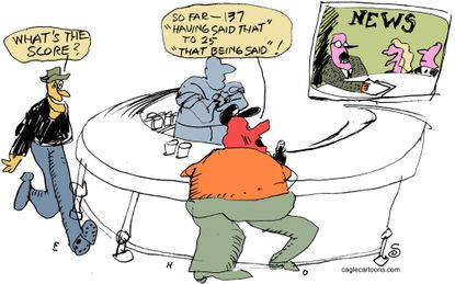 Political cartoon U.S. Media news cycle fatigue