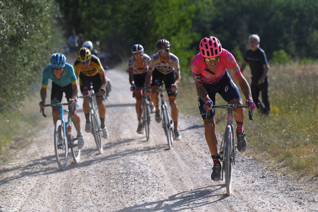 SIENA ITALY AUGUST 01 Jakob Fuglsang of Denmark and Astana Pro Team Wout van Aert of Belgium and Team JumboVisma Davide Formolo of Italy and UAE Team Emirates Maximilian Schachmann of Germany and Team BoraHansgrohe Alberto Bettiol of Italy and Team EF Pro Cycling Gravel Strokes during the Eroica 14th Strade Bianche 2020 Men a 184km race from Siena to SienaPiazza del Campo StradeBianche on August 01 2020 in Siena Italy Photo by Tim de WaeleGetty Images