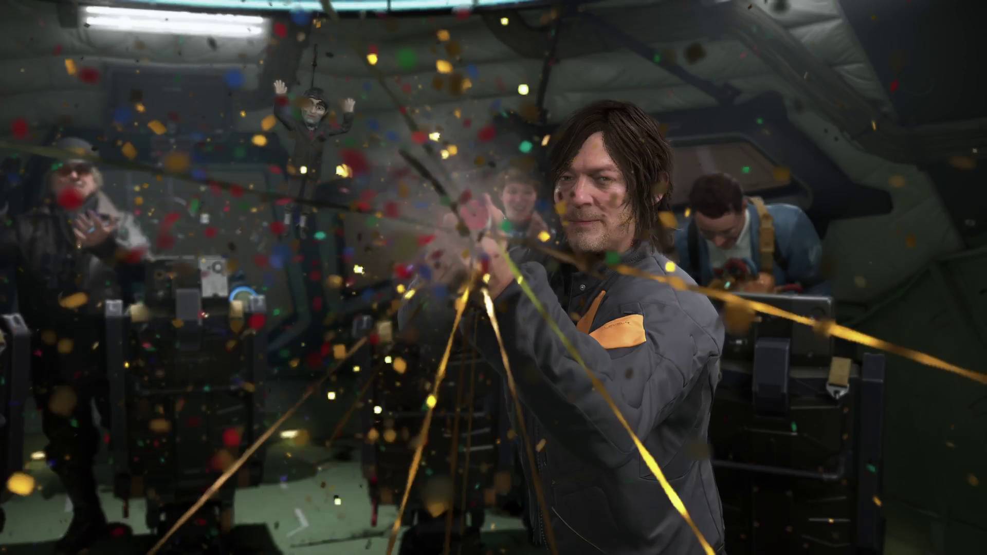 Death Stranding 2 birthday Sam firing popper at the camera during party
