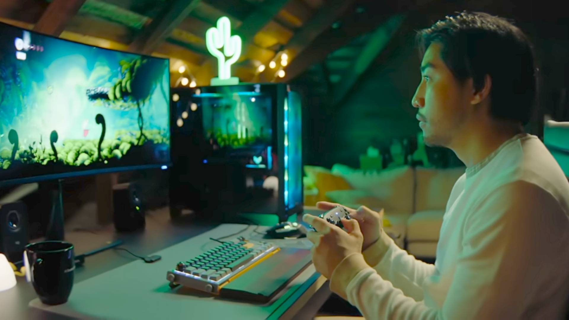 PC player using Steam Controller to lay Hollow Knight Silksong on PC.