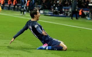 Angel Di Maria celebrates a goal for Paris Saint-Germain against Barcelona in the Champions League on February 14th, 2017.