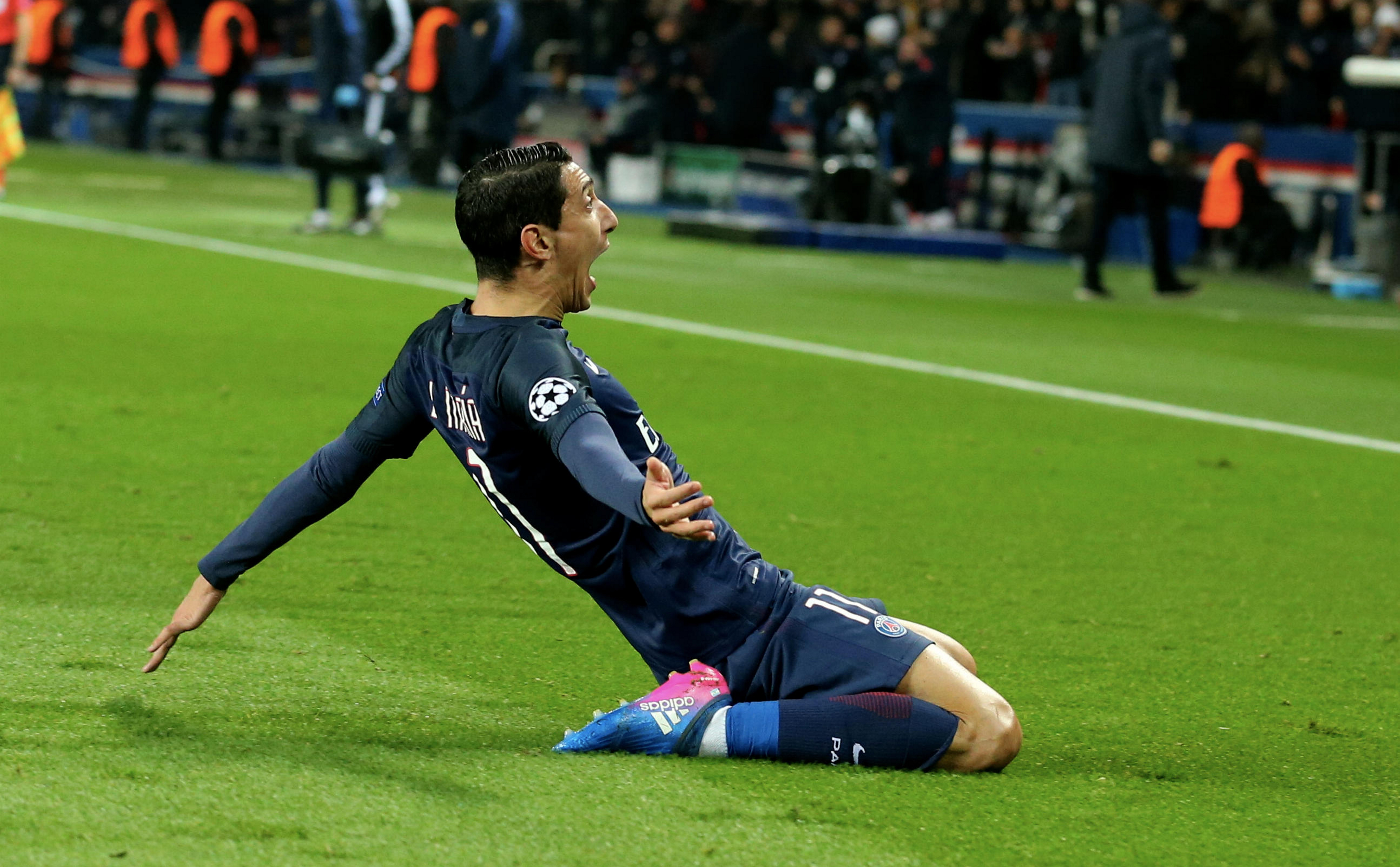 Angel Di Maria celebrates a goal for Paris Saint-Germain against Barcelona in the Champions League on February 14th, 2017.