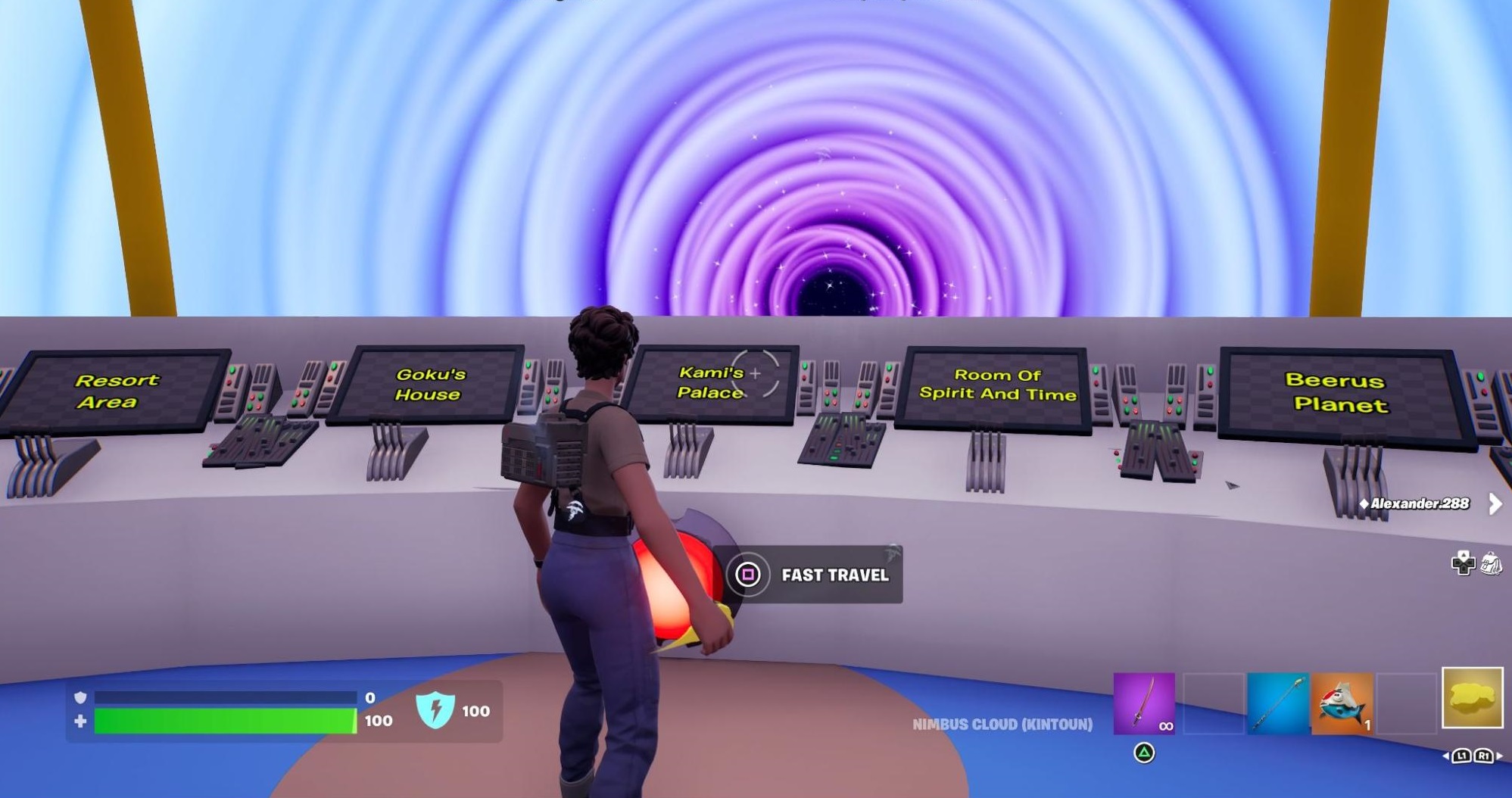 A player stands at a control panel with screens showing the names of each Dragon Ball themed area on a Fortnite map.