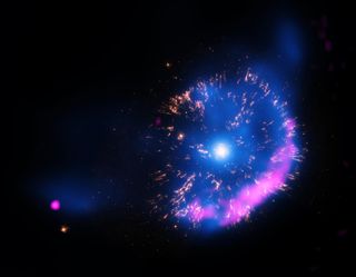 A white dwarf star leeches energy from a red giant before exploding in a supernova.