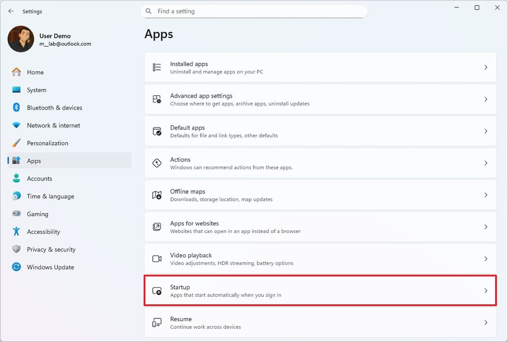 Open Startup settings