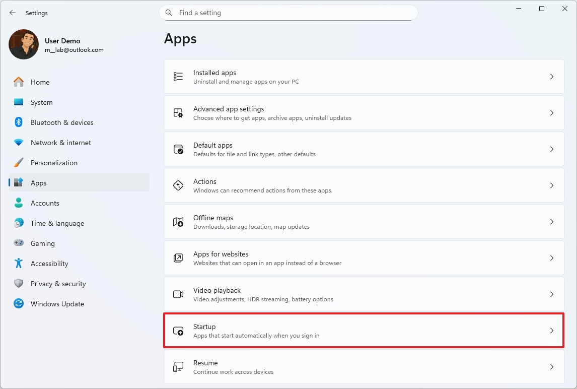 Open Startup settings