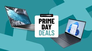 Amazon Prime Day badge with laptops either side on a blue background