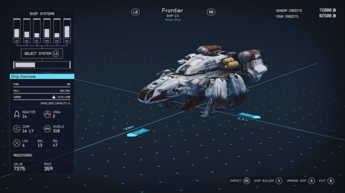 Starfield's shipbuilding tool screens and customisation