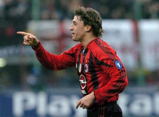 Hernan Crespo celebrates after scoring for Milan against Manchester United, 2005